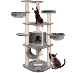 HAPPYPET Kratzbaum für Katzen groß 181 cm hoch - Stabiler Kletterbaum Katzenbaum, dicke Stämme mit 11 cm, Haus & Spieltunnel, große Liegemulden, Spietau mit Kratzrolle Grau