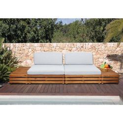 Garten-Garnitur MCW-L28, Lounge-Set Sitzgruppe Lounge-Sessel Sofa, Spun Poly Akazie Holz MVG ~ Polster hellgrau