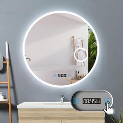 Acezanble - led Rund Spiegel Badspiegel mit Beleuchtung Badspiegel Badezimmerspiegel Touch 70cm Uhr+3x Vergrößerung Schminkspiegel+Beschlagfrei+3