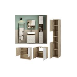 Vicco Badmöbel-Set Badezimmer-Möbel Bad-Schrank Edge Eiche Weiß modern Badezimmerschrank Waschbeckenunterschrank Spiegelschrank Hochschrank Badezimmerkommode