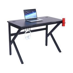 WD0004 Gamer-Schreibtisch 110x60x75cm Computertisch mit Kabeldurchführung, Becherhalter und Headsethalterung - Schwarz - Bc-elec