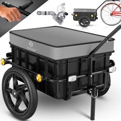 Fahrradanhänger Lastenanhänger Handwagen mit Kupplung Hochdeichsel für Fahrrad Transportanhänger Transportbox mit 70 Liter Volumen Max. 60kg Grau