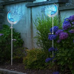 Solar Fackeln Mond Garten Gartendeko Solarlampe Solarleuchte Außen, Blauer Lichteffekt, Crackle Glas, IP44, led kaltweiß, h 90 cm, Garten Balkon, 2er