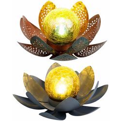 Lotusblume Deko Solar Lotusblüte für Außen Garten Deko Leuchten Asia Garten, Crackle Glas Metallblätter, LED, 2er Set