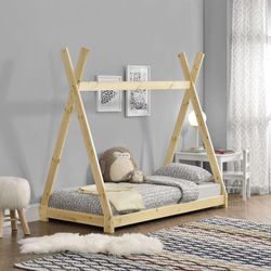 Kinderbett Onejda in Tipi-Design Natur Holz 80x160 cm [en.casa]