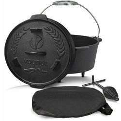 Vounot - bbq Dutch Oven Feuertopf Gusseisen 9 Liter, eingebrannter Kochtopf Schmortopf mit Füßen Deckel Deckelheber