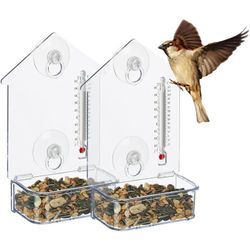 Fenster-Vogelfutterhaus 2er Set, 2 Saugnäpfe, Futterstation mit Thermometer, hbt 17 x 11,5 x 5 cm, transparent - Relaxdays