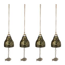 Windspiel Glocken, 4er Set, Feng Shui Glockenspiel, Phönix & Drache Motiv, Garten, Metall, Klangspiel, gold - Relaxdays