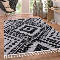 Paco Home - Teppich Wohnzimmer Kurzflor Modern Ethno Skandi Rautenmuster 3D Effekt Fransen 160x230 cm, Schwarz