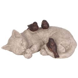 Deko Gartenfigur Katze schlafend mit 3 Vögeln Dekofigur Gartenfigur Gartendeko