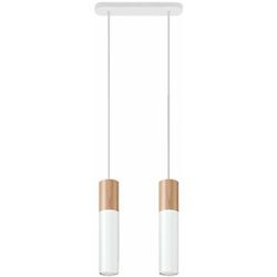 Led Pendelleuchte weiß Stahl Hängeleuchte natur Holz Zylinder Esszimmerlampe Wohnzimmer Hängelampe Modern,2x 5W 400lm 3000K GU10, DxH 34x100 cm