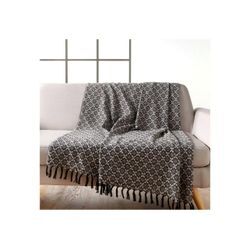 Plaid Fransen-Decke 150x125 cm Plaid Sofadecke schwarz weiß Baumwolle, Macosa Home, Designdecke Wolldecke Reisedecke Kuscheldecke, beige|schwarz