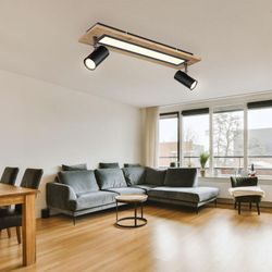 LED Deckenleuchte Deckenlampe Wohnzimmerleuchte Esszimmerlampe, Holz Metall schwarz MDF, Spotleuchte verstellbar Memoryfunktion, 18W 3000K warmweiß