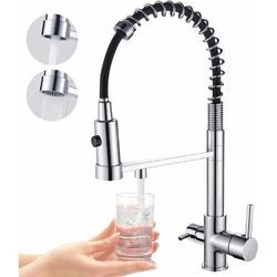 3 Wege Wasserhahn Küche 3 in 1 Küchenarmatur Ausziehbar Trinkwasserhahn aus Messing Spültischarmatur mit 3/8 Zoll Wasserzulaufrohr Chrom