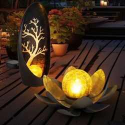 Solarleuchte Lotusblume Außen Garten Dekoleuchten Solar Außenleuchte Solar Blume, Crackle Glas Lichteffekt, 1x Lotusblume 1x Stehlampe, LED warmweiß,