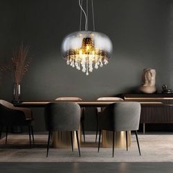 Hängelampe Hängeleuchte Pendellampe Kristallleuchte Esszimmerlampe, 5 Flammig, Glaskristalle klar Rauchglas Chrom, E14 Fassungen, DxH 44x120cm