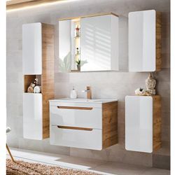 Badezimmer Set in Hochglanz weiß, Wotan Eiche Nb. LUTON-56 mit 81 cm Keramik-Waschtisch & LED-Spiegelschrank b/h/t ca. 181/195/46 cm - weiß