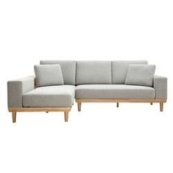 Ecksofa 5-Sitzer mit Stauraum hellgrauer Stoff mit strukturiertem Samteffekt und helles Holz KOMAO.