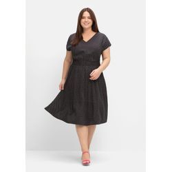 Midikleid mit Smokbund und weitem Rock, schwarz gemustert, Gr.42