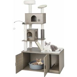 COSTWAY Kratzbaum mit Katzenschrank, Katzenbaum mit 2 Höhlen & Kratzbrett & Eingang & Spielball & Kissen & Rampe, All-in-One Katzenhaus,