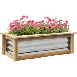 Hochbeet aus Metall, Blumenkasten Pflanzkasten mit Holzrahmen, Gemüsebeet, Kräuterbeet für Garten, Balkon, Natur, 90 x 45 x 30 cm - Outsunny