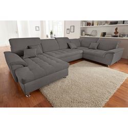 Wohnlandschaft DOMO COLLECTION "Franzi wahlweise mit Kopfteilverstellung Bettfunktion, Bettkasten", grau, B:352cm H:80cm T:214cm, Flachgewebe (100% Polyester), Chenille (100% Polyester), Sofas, im XXL-Format B/T/H: 352/214/80 cm, Steppung im Sitz, U-Form