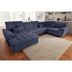 Wohnlandschaft DOMO COLLECTION "Franzi wahlweise mit Kopfteilverstellung Bettfunktion, Bettkasten", blau (marine), B:352cm H:80cm T:214cm, Flachgewebe (100% Polyester), Chenille (100% Polyester), Sofas, im XXL-Format B/T/H: 352/214/80 cm, Steppung im Sitz, U-Form