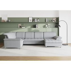 Wohnlandschaft DOMO COLLECTION "Franzi wahlweise mit Kopfteilverstellung Bettfunktion, Bettkasten", silber, B:352cm H:80cm T:214cm, Flachgewebe (100% Polyester), Chenille (100% Polyester), Sofas, im XXL-Format B/T/H: 352/214/80 cm, Steppung im Sitz, U-Form