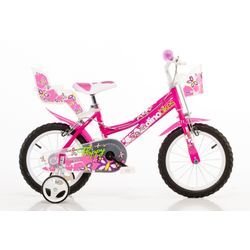 Kinderfahrrad DINO "Mädchenfahrrad 16 Zoll" Fahrräder Gr. 28cm, 16 Zoll (40,64cm), pink Kinder mit Stützrädern, Korb und Puppensitz