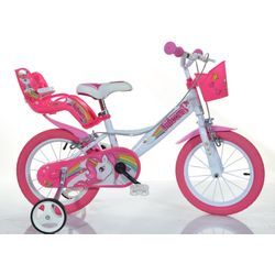 Kinderfahrrad DINO "Unicorn Einhorn" Gr. 23, pink (weiß), Fahrräder, Kinder, 25cm, 14 Zoll (35,56cm), mit Stützrädern, Korb und Puppensitz