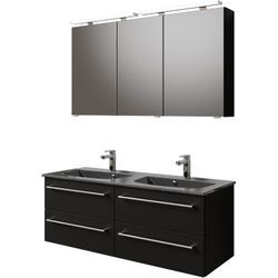 Badmöbel-Set SAPHIR "Serie 6025 2-teilig Mineralmarmor-Waschtisch mit LED-Spiegelschrank" Kastenmöbel-Sets Gr. B/H/T: 132cm x 200cm x 48cm, Waschtisch grau, schwarz (schwarz matt select) Waschplatz 132cm breit, 4 Schubladen, 2 Spiegel-Türen, inkl Türdämpfer