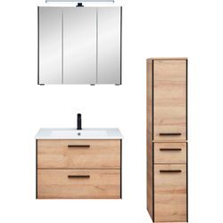 Badmöbel-Set SAPHIR "Quickset 395 3-teilig, Keramikwaschtisch mit LED-Spiegelschrank" Kastenmöbel-Sets Gr. Riviera Eiche quer Nachbildung mit schwarzem L-Profil vorne, braun Midischrank, inkl. Türdämpfer, 5 Türen, 3 Schubladen, Bad-Set