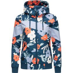 Outdoorjacke RAGWEAR "Nuggie Block Flower", Damen, Gr. M (38), blau (petrol), Außenmaterial: 100% Polyester, Innenfutter: 100% Polyester, modisch, gerade hüftbedeckend, Langarm eng Rippstrickbündchen, Jacken, modische Damen Freizeitjacke mit floralem Print