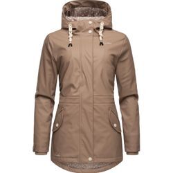 Regenjacke NAVAHOO "Oceans Heart", Damen, Gr. L (40), grau (taupe), Oberstoff: 70% Polyester, 30% Polyurethan, Futter: 100% Polyester, Wattierung: 100% Polyester, Ärmelfutter: 100% Polyester, modisch, figurumspielend Po-bedeckend, Langarm Ärmel ohne Ärmelschlitz Rippstrickbündchen mit Knöpfen, Jacken, stylischer wasserdichter Regenmantel mit Kapuze