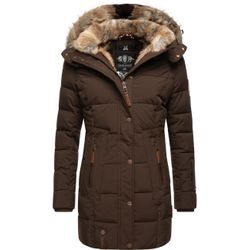 Wintermantel MARIKOO "Lieblings Jacke" Gr. XS (34), braun (dunkelbraun), Damen, Oberstoff: 100% Polyester, Futter: 100% Polyester, Wattierung: 100% Polyester, Ärmelfutter: 100% Polyester, Kunstpelz: 90% Polyacryl, 10% Polyester, Mäntel, stylischer Winter Steppmantel m. Kunstpelz-Kapuze