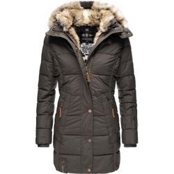 Wintermantel MARIKOO "Lieblings Jacke" Gr. S (36), grau (anthrazit) Damen Mäntel stylischer Winter Steppmantel m. Kunstpelz-Kapuze