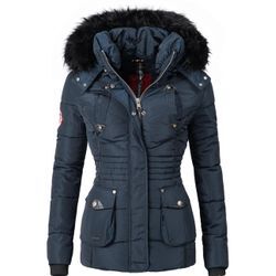 Steppjacke MARIKOO "Vanilla", Damen, Gr. M (38), blau (mittelblau), Obermaterial: 100% Polyester, Futter: 100% Polyester, Kunstpelz: 100% Polyacryl, modisch, figurbetont Po-bedeckend, Langarm Ärmel ohne Ärmelschlitz Rippstrickbündchen kontrastfarben, Jacken, edle Winterjacke m. Kunstfellkapuze