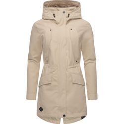 Regenmantel RAGWEAR "Begonia", Damen, Gr. L (40), beige (sand), Obermaterial: 100% Polyester, Innenfutter: 100% Polyester, modisch, figurumspielend Po-bedeckend, hoch geschlossener Ausschnitt, Langarm mit Knöpfen,mit Umschlag,verstellbar Umschlagsaum mit Druckknopf, Mäntel, Wasserdichter Damen Übergangsmantel mit großer Kapuze