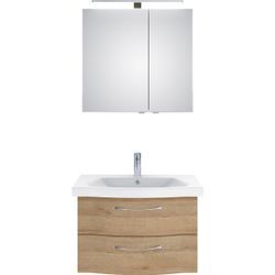 Badmöbel-Set SAPHIR "6005 Sprint 2-teilig, Keramik-Waschtisch mit LED-Spiegelschrank", braun (riviera eiche quer nachbildung), B:82cm H:200cm T:46cm, Spanplatte, Kastenmöbel-Sets, Waschplatz 82 cm breit, inkl. Türdämpfer, 2 Türen, 2 Schubladen