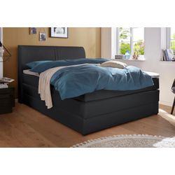 Boxspringbett HAPO, schwarz (schwarz, kunstleder), Liegefläche B/L: 140cm x 200cm, kein Härtegrad, Bonnell-Federkernmatratze, Kopfteil, seitliche Unterbox und Obermatratze sind mit pflegeleichtem Feinstrukturstoff in Leinenoptik (100% Polyester) oder Kunstleder bezogen, Die Oberseite der Unterfederung und die Ober- und Unterseite der Obermatratze sind jeweils mit einem rutschhemmenden Stoff aus 10