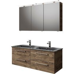 Badmöbel-Set SAPHIR "Serie 6025 2-teilig Mineralmarmor-Waschtisch mit LED-Spiegelschrank", braun (eiche ribbeck quer nb), B:132cm H:200cm T:48cm, Spanplatte, Kastenmöbel-Sets, Waschplatz 132cm breit, 4 Schubladen, 2 Spiegel-Türen, inkl Türdämpfer