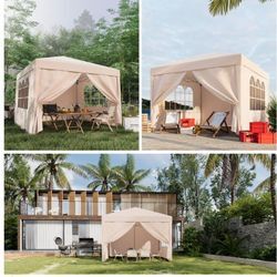 Pavillon - 3×3M, UV-Schutz, faltbar, höhenverstellbar, wasserdicht, - Pop-Up Faltpavillon, Gartenpavillon, Partyzelt, Garten, Camping, Outdoor -Beige