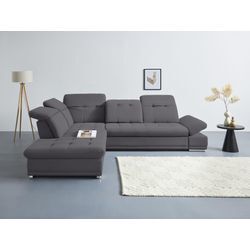 Ecksofa COTTA "Holiday L-Form", grau (stone), Sofas, B/H/T: 310cm x 86cm x 265cm, Chenille-Struktur, Ottomane links, ohne Bettfunktion-ohne Bettkasten-mit Kopfteilverstellung-mit Armteilverstellung-mit Sitztiefenverstellung, 90% Polyester, 10% Polyamid Sitztiefenverstellung, wahlweise mit Bettfunktion inkl. Bettkasten