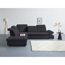 Ecksofa COTTA "Holiday L-Form", schwarz, Sofas, B/H/T: 310cm x 86cm x 265cm, Chenille-Struktur, Ottomane links, mit Bettfunktion-mit Schubkasten-mit Kopfteilverstellung-mit Armteilverstellung-mit Sitztiefenverstellung, 90% Polyester, 10% Polyamid Sitztiefenverstellung, wahlweise mit Bettfunktion inkl. Bettkasten