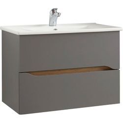 Waschtisch SAPHIR "Quickset Keramikwaschtisch mit Unterschrank, 75 cm breit", grau (quarzgrau matt, akzent riviera eiche quer nb, quarzgrau matt touch), B:75cm T:45cm, Keramik, Spanplatte, Waschtische, Waschplatz, Unterschrank mit Waschbecken, 2 Schubladen, grifflos