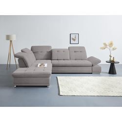 Ecksofa COTTA "Holiday L-Form", grau (stone), Sofas, B/H/T: 310cm x 86cm x 265cm, Microfaser, Ottomane links, ohne Bettfunktion-ohne Bettkasten-mit Kopfteilverstellung-mit Armteilverstellung-mit Sitztiefenverstellung, 100% Polyester Sitztiefenverstellung, wahlweise mit Bettfunktion inkl. Bettkasten