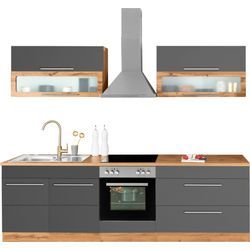 Küchenzeile KOCHSTATION "KS-Wien", grau (front: anthrazit, korpus: wotaneichefarben, arbeitsplatte: wotaneichefarben), B:260cm T:60cm, Komplettküchen-Sets, Küchenzeile, mit E-Geräten, Breite 260 cm
