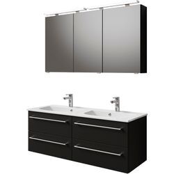 Badmöbel-Set SAPHIR "Serie 6025 2-teilig Mineralmarmor-Waschtisch mit LED-Spiegelschrank", schwarz (schwarz matt select), Kastenmöbel-Sets, B/H/T: 132cm x 200cm x 48cm, Waschtisch weiß, Spanplatte Waschplatz 132cm breit, 4 Schubladen, 2 Spiegel-Türen, inkl Türdämpfer