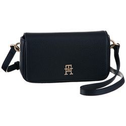 Umhängetasche TOMMY HILFIGER "TH EMBLEM FLAP CROSSOVER", Damen, Gr. B/H/T: 21,5cm x 12,5cm x 5cm, blau (dw6 space blau), Polyurethan, unifarben, Strukturmuster, Taschen, mit TH-Emblem vorne