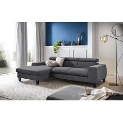 Ecksofa COTTA "Morven L-Form", grau (schwarzgrau), B:244cm H:72cm T:166cm, Microfaser PRIMABELLE (100% Polyester), Flachgewebe (100% Polyester), Samtvelours (100% Polyester), Sofas, Ecksofa Polstermöbel, Inklusive Kopfteilverstellung, wahlweise mit Ladestation, Bettfunktion